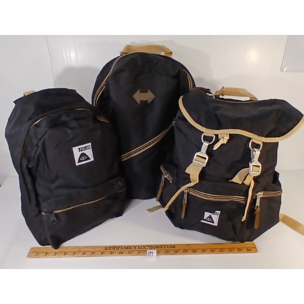 LOT OF 3 - POLER STUFF BLACK & KHAKI DRIFTER, ROAMERS PACK & RAMBLER PACK