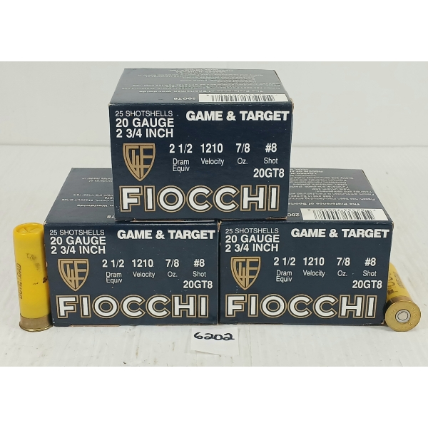 AMMO: 75 X FIOCCHI 20GA 2 3/4IN - 8 SHOT