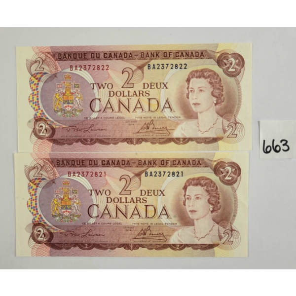 LOT OF 2 - 1974 CDN $2 BANKNOTES - SEQUENTIAL