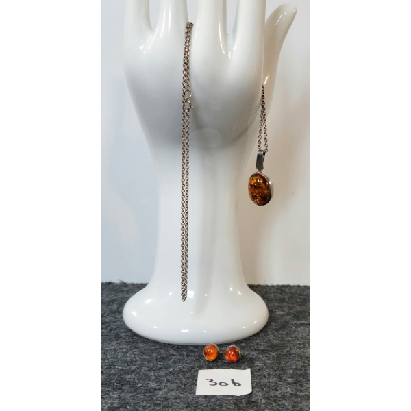 AMBER W/ STERLING SILVER NECKLACE & EARRING 
