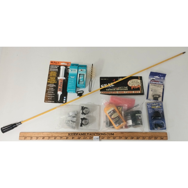 JOB LOT - CLEANING ROD, 1IN SCOPE RINGS, SEAL KITS, SYNTHETIC GREASE & SWIVELS