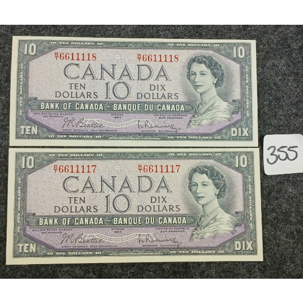 LOT OF 2 - 1954 CDN $10 BANKNOTES - SEQUENTIAL