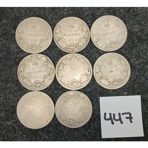 LOT OF 8 - CDN SILVER 25 CENT PCS - INCL 1910