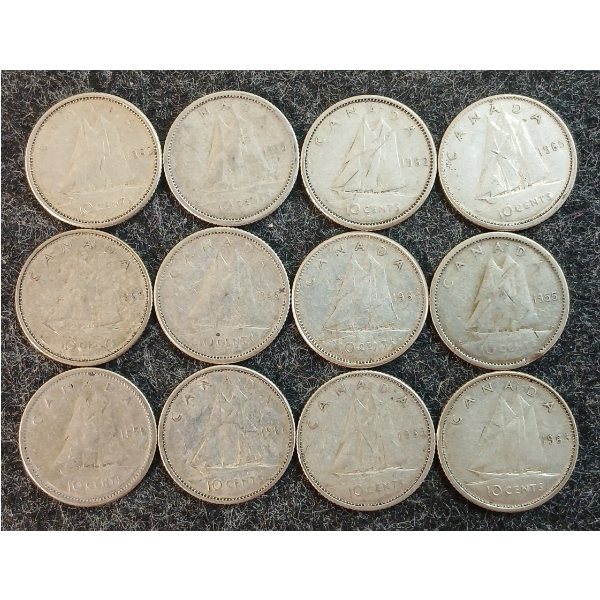 LOT OF 12 - 1955-1968 CDN 10 CENT COINS