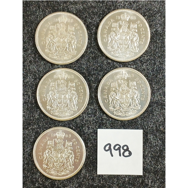 LOT OF 5 - 1963 CDN 50 CENT SILVER COINS