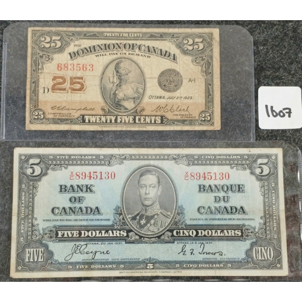 LOT OF 2 - 1923 & 1937 CDN $5 & 25 CENT BANKNOTES