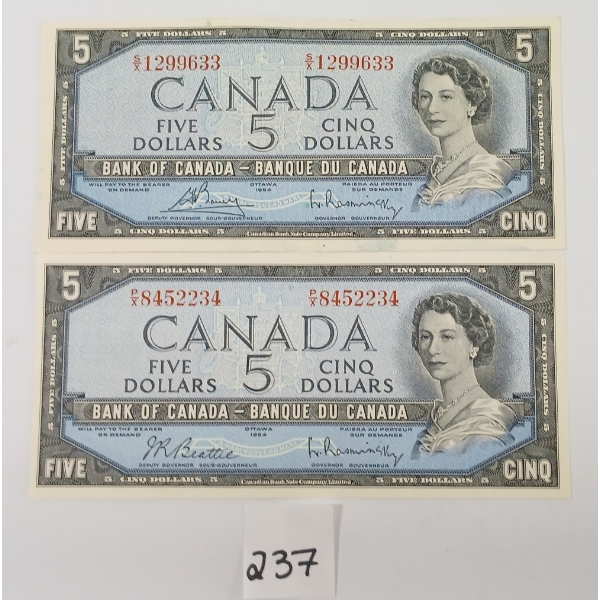 LOT OF 2 - 1954 CDN $5 BANKNOTES