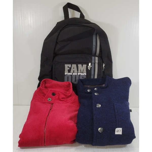 LOT OF 3 - LIFETIME SHUKU WOOL & WESC RED CORDUROY JACKETS W/ BACKPACK