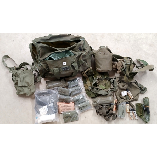 JOB LOT - SUPPLY BAG, DRESSINGS, WEB GEAR, CANTEEN, FOOT POWDER, ETC