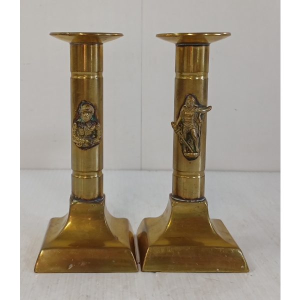 PAIR OF BRASS MILITARY CANDLESTICK HOLDERS