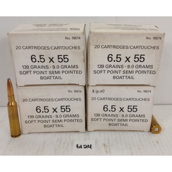 AMMO: 80X SWEDISH CENTURY ARMS 6.5X55 - 139GR - SEMI POINTED BT 