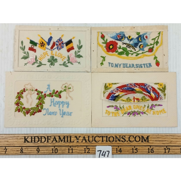 LOT OF 4 - WWI SILK POSTCARDS