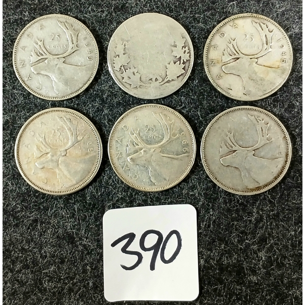 LOT OF 6 - 1945-1966 CDN 25 CENT COINS