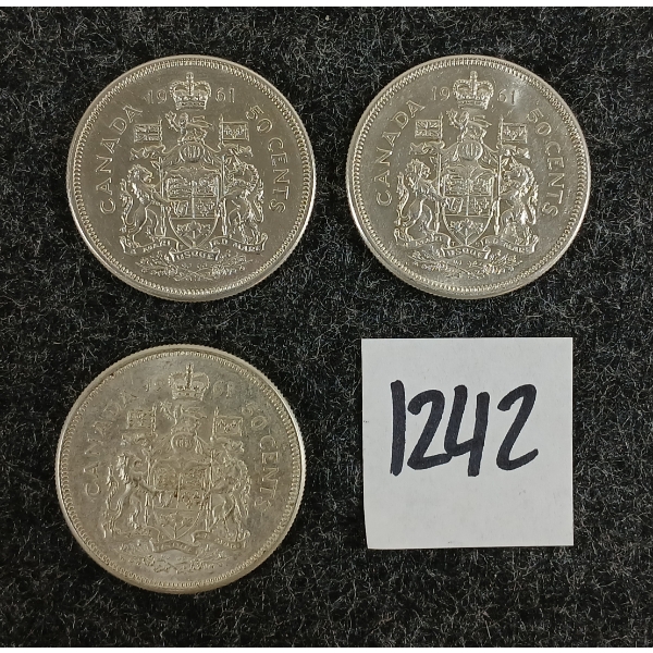 LOT OF 3 - 1962 CDN 50 CENT SILVER COINS