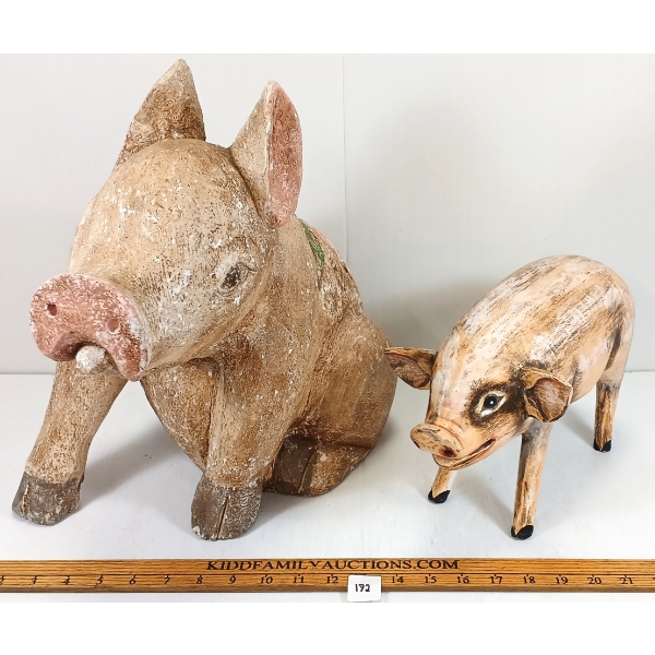 LOT OF 2 - FOLK ART WOOD & PLASTER PIG FIGURINES - LATE 20TH CENTURY