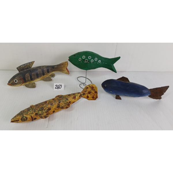 LOT OF 4 - FOLK ART FISH - WOOD CARVINGS