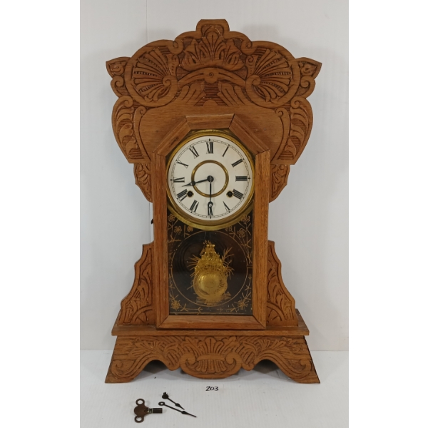 1907 NEW HAVEN GINGERBREAD "GAMDEN" OAK SHELF CLOCK