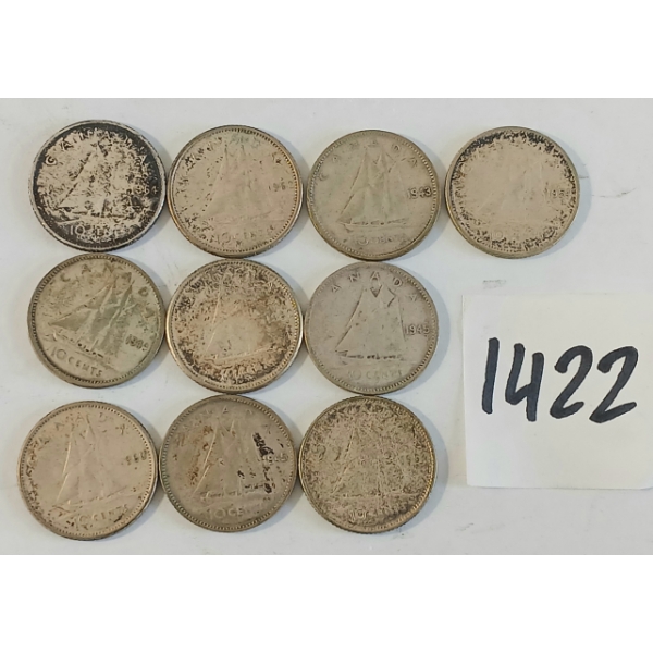 LOT OF 10 - 1943-1964 CDN 10 CENT SILVER COINS