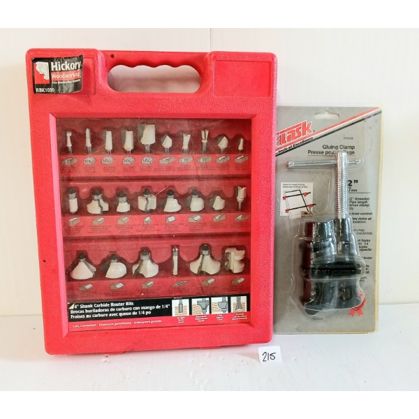 LOT OF 2 - HICKORY WOODWORKING 4IN CARBIDE ROUTER BITS SET & TASK 1/2IN GLUING CLAMP