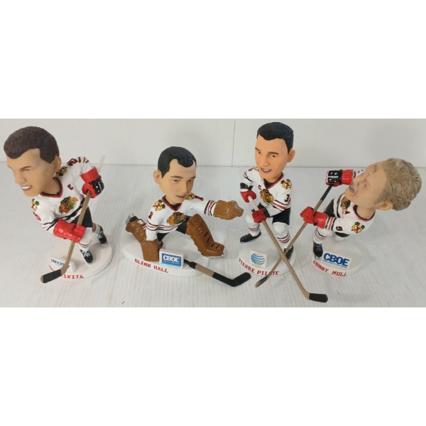 LOT OF 4 - KICK 10 CHICAGO BLACK HAWKS BOBBLE-HEAD FIGURES - MAKITA, HALL, PILOTE & HULL