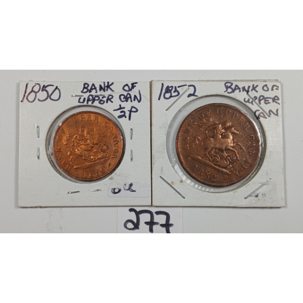 LOT OF 2 - 1850 BANK OF UPPER CANADA HALF PENNY & 1852 PENNY