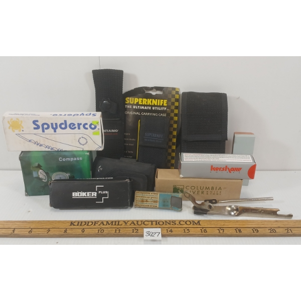 LOT OF 12 - FOLDING KNIVES & TOOLS, SHARPENING STONE, HOLSTERS & LENSATIC COMPASS