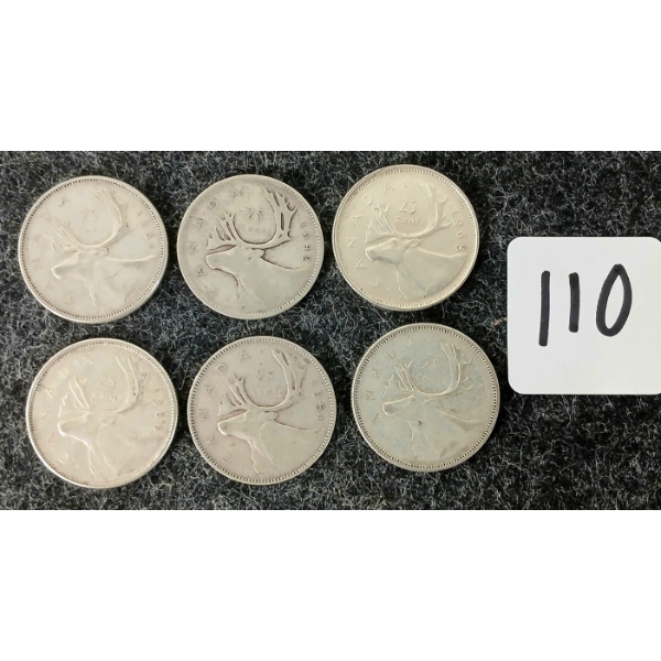 LOT OF 6 - 1942, 1951, 1961, 1964, 1966, 1968 CDN 25 CENT COINS