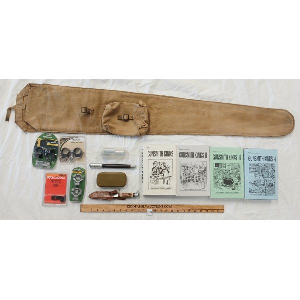 JOB LOT - SCOPE RINGS, SOFT GUN CASE, BOOKS, KNIFE W/ SHEATH, BARREL, PILOT GOGGLES ECT. - PAL REQ.