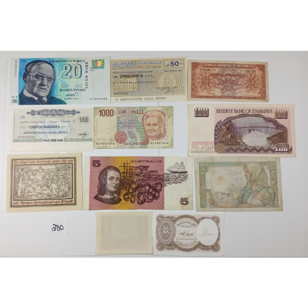 LOT OF 11 - WORLD BANKNOTES - INCL EGYPT, ITALY & BELGIUM, ETC.