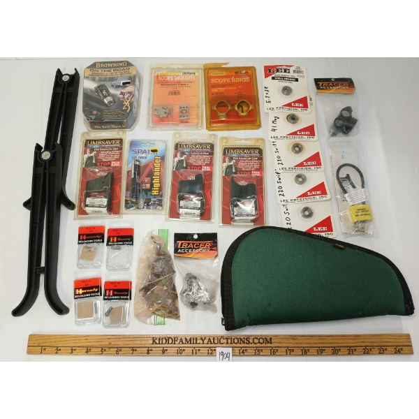 JOB LOT - HANDGUN ACCESSORIES, SOFT CASE, LEE SHELL HOLDERS, MISC PARTS, FLASHLIGHTS, ETC