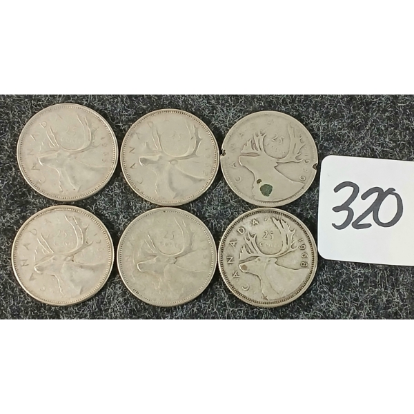 LOT OF 6 - 1939-1968 CDN 25 CENT COINS