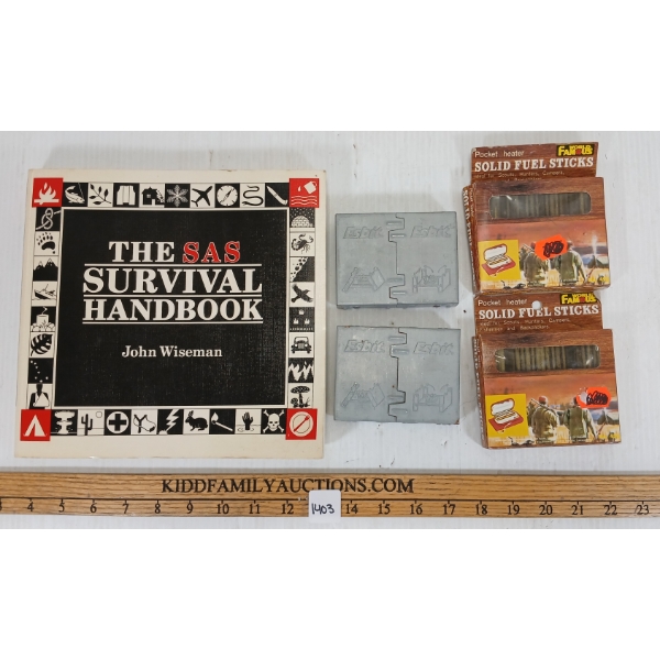 LOT OF 5 - POCKET HEATER FUEL STICKS, ESBIT EMERGENCY STOVES & THE SAS SURVIVAL HANDBOOK