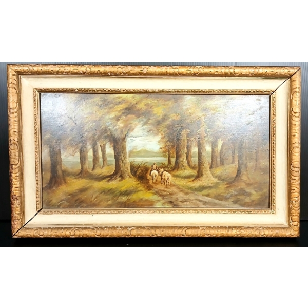 FOREST TRAIL W/ MAN & HORSES BY UNKNOWN ARTIST - FRAMED OIL ON BOARD