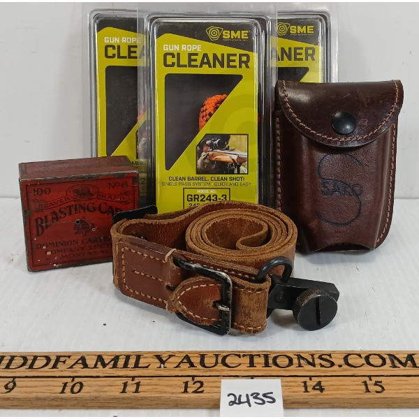 LOT OF 6 - LEATHER SLING, SME GUN ROPE CLEANER, BLASTING CAPS, ETC