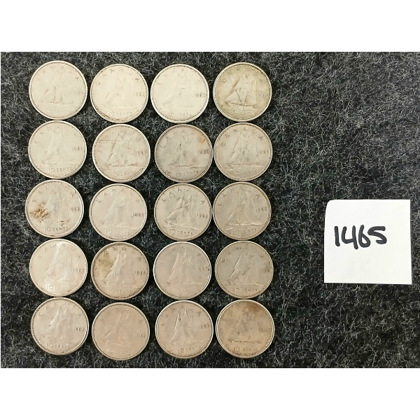 LOT OF 20 - 1953-1966 CDN 10 CENT SILVER COINS 