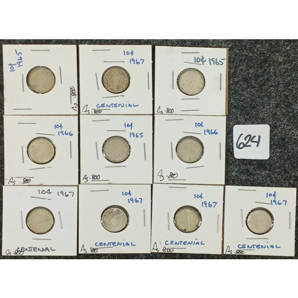 LOT OF 10 - 1965-1967 CDN 10 CENT COINS