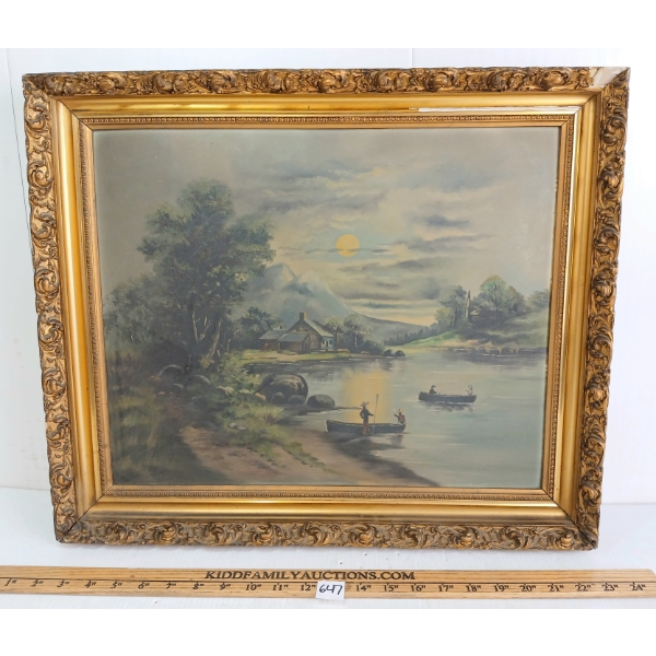 CANOEING ON THE LAKE SCENE BY UNKNOWN ARTIST - FRAMED OIL ON BOARD