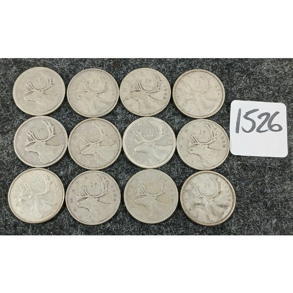 LOT OF 12 - 1937-1964 CDN 25 CENT COINS