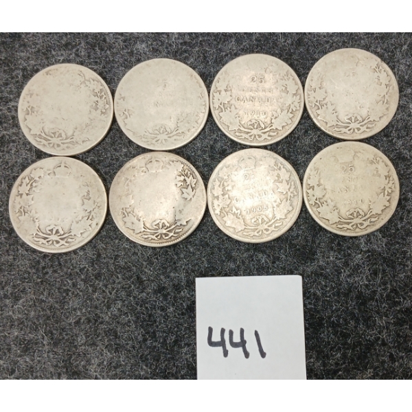 LOT OF 8 - 1904, 1905 & 1910 CDN SILVER 25 CENT PCS