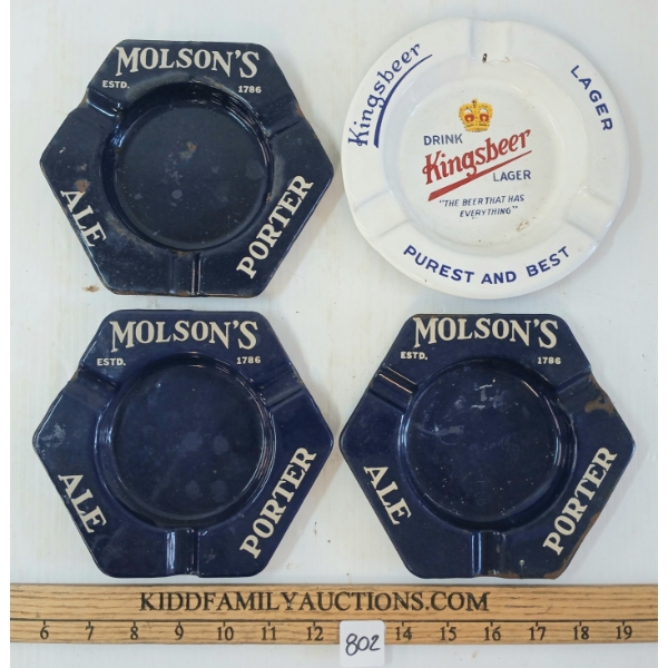 LOT OF 4 - KINGSBEER & MOLSON'S ALE - PORCELAIN ASHTRAYS