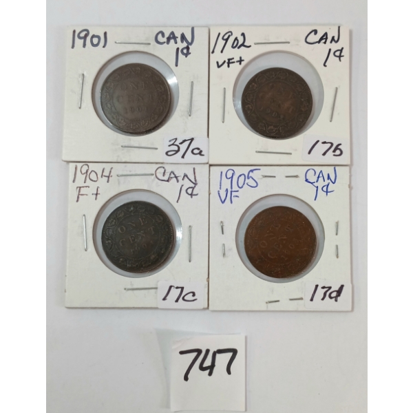 LOT OF 4 - 1901, 1902, 1904 & 1905 CDN LARGE PENNIES