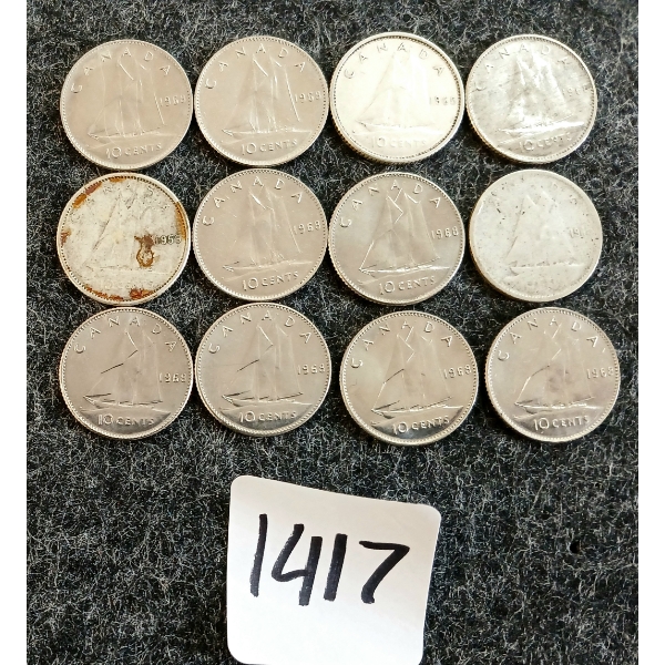 LOT OF 12 - 1945-1968 CDN 10 CENT COINS