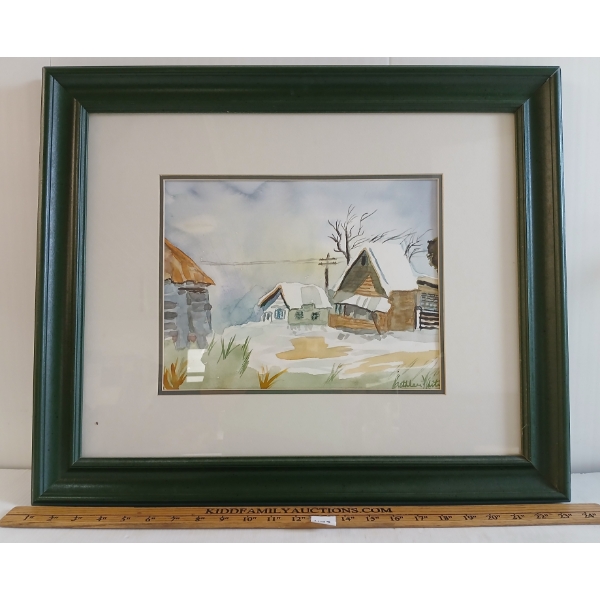 SNOWY TOWN BY KATHLEEN WHITE - FRAMED WATERCOLOUR ON PAPER