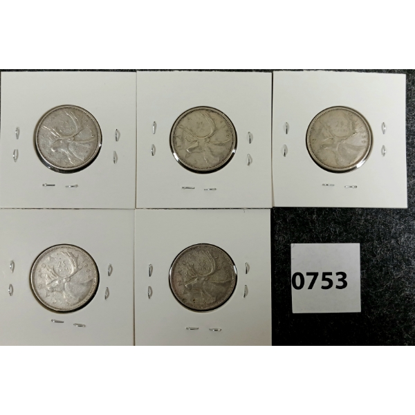 LOT OF 5 - 1959-1964 CDN SILVER 25 CENT COINS 