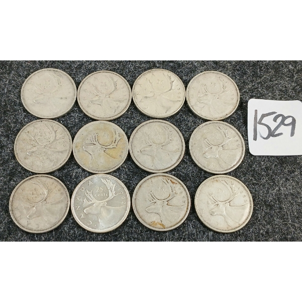 LOT OF 12 - 1946-1966 CDN 25 CENT COINS