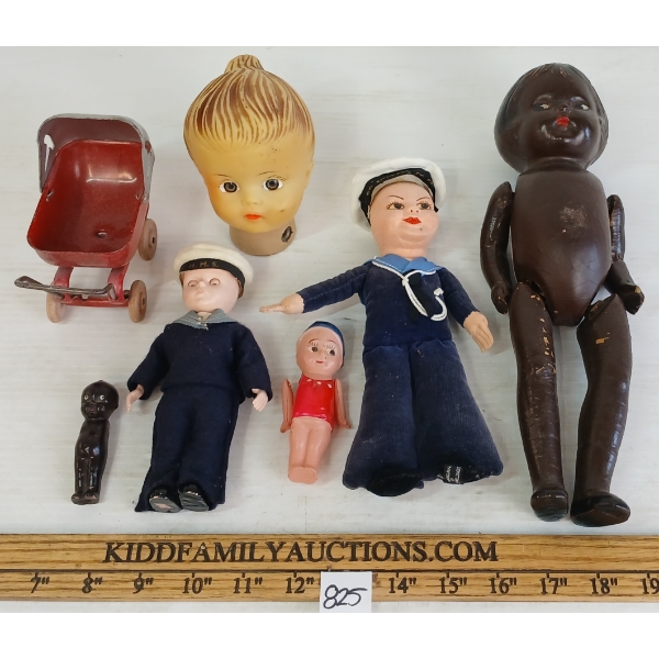 LOT OF 7 - WYANDOTTE STROLLER & QTY OF DOLLS - INCL H.M.S. VICTORY & NORAH WELLINGS SAILORS, ETC