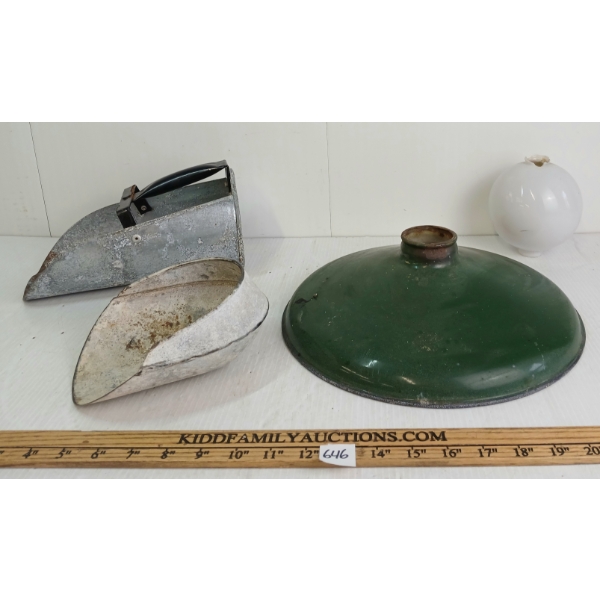 LOT OF 4 - PORCELAIN LIGHT SHADE, LIGHTNING ROD BULB & FEED SCOOPS
