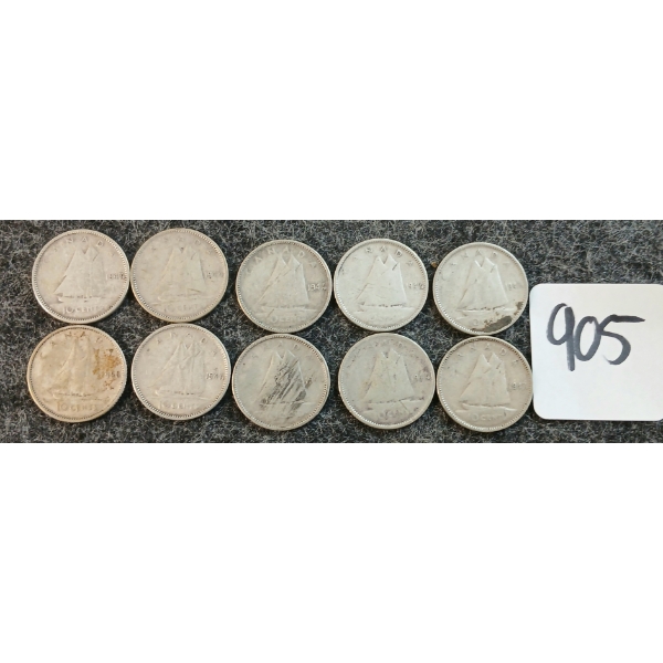 LOT OF 10 - 1947-1958 CDN 10 CENT COINS