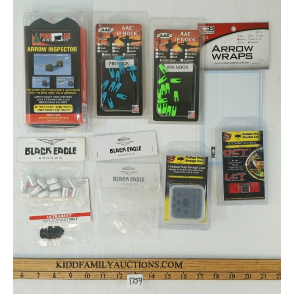 LOT OF 10 - ARCHERY ACCESSORIES - ARROW INSPECTOR, CLARIFIER LENS, PEEP CASE, NOCKS, ETC