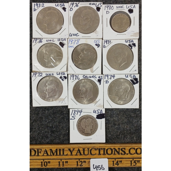 LOT OF 10 - 1894-1980 US 50 CENT & DOLLAR COINS - INCL SILVER